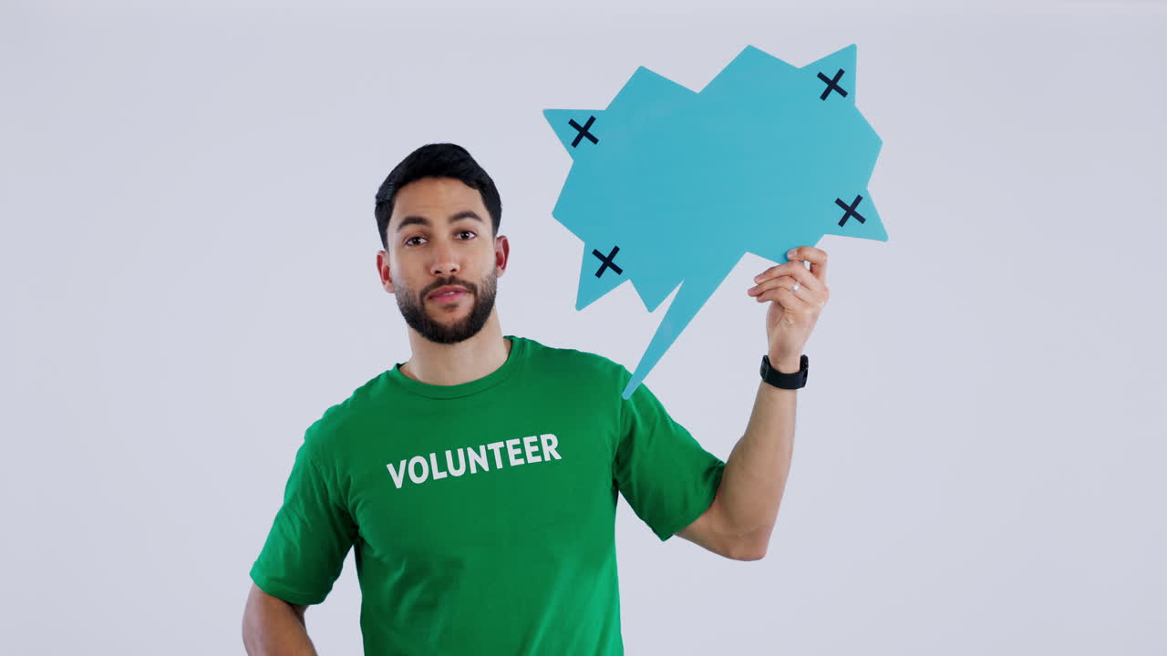 burbuja de habla, hombre y cara con la mano apuntando a