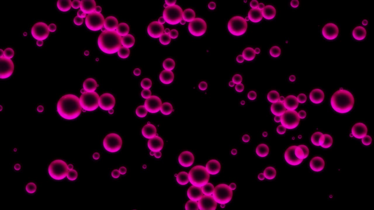 물속에서 움직이는 핑크색 기름방울, 추상적인 배경, 밝은 어두운 배경 위에 상승하는 물 속의 다양한 공기 거품의 매크로, 기름 속의 공기 구들이 물 표면에 머물고 있다.
