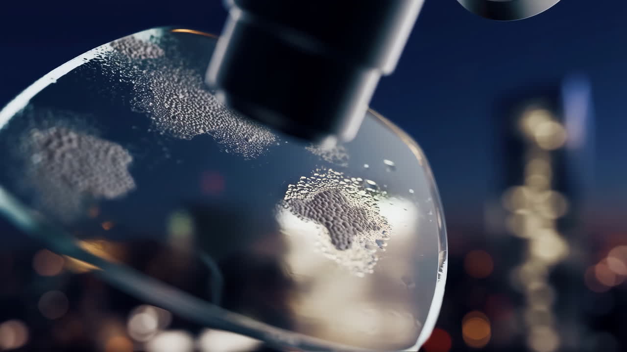 Close-up of Condensation on Glass with Blurred City Night Lights