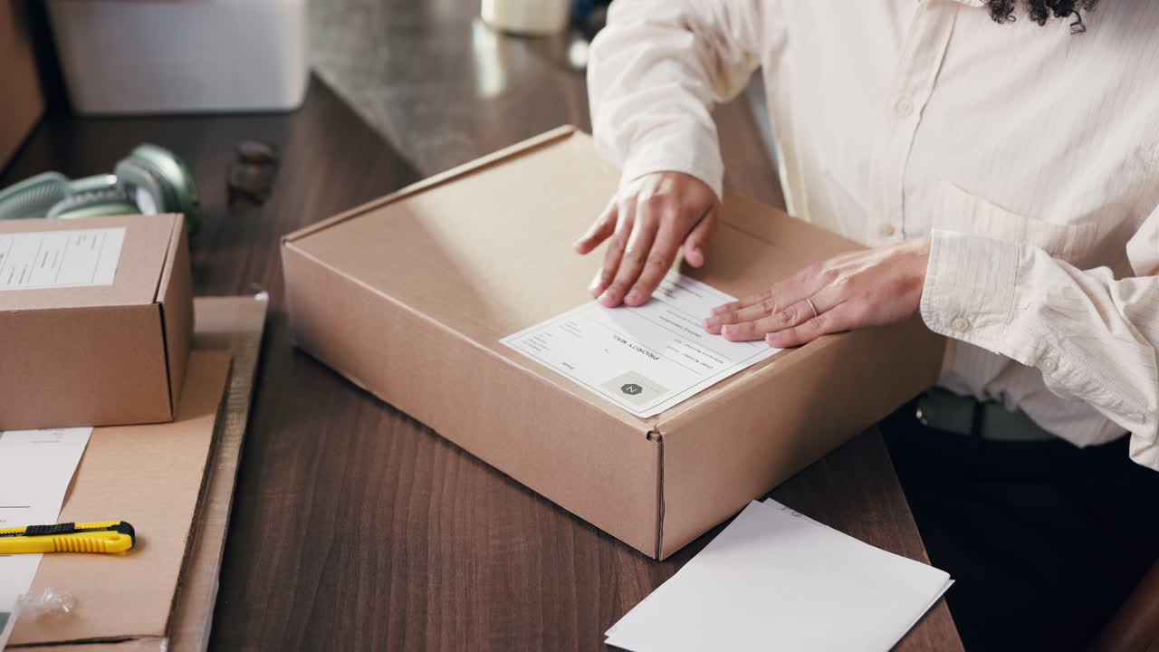 Primer plano de manos pegando etiqueta de envío en una caja de cartón