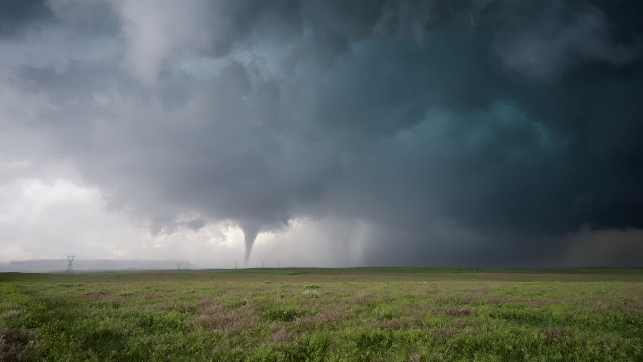 Beautiful Tornado Touches Down In The Distance Over Lush Grass Lands