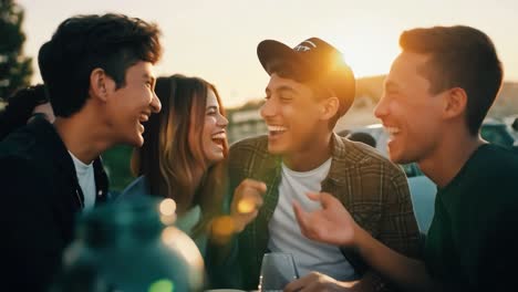 group of friends laughing together on a rooftop at sunset