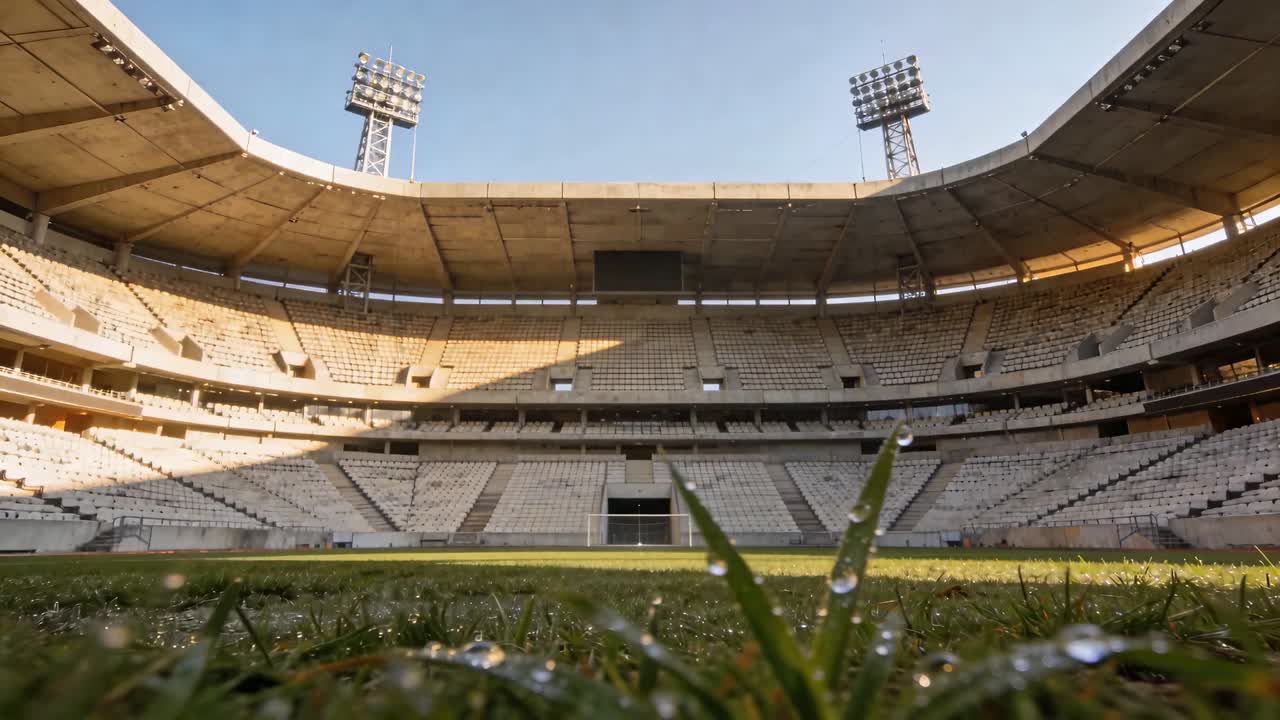 Kamera zieht sich zurück und enthüllt taufrischen Grashalm auf Stadionrasen bei Sonnenaufgang, Sitzplätze, Tor und Türme.