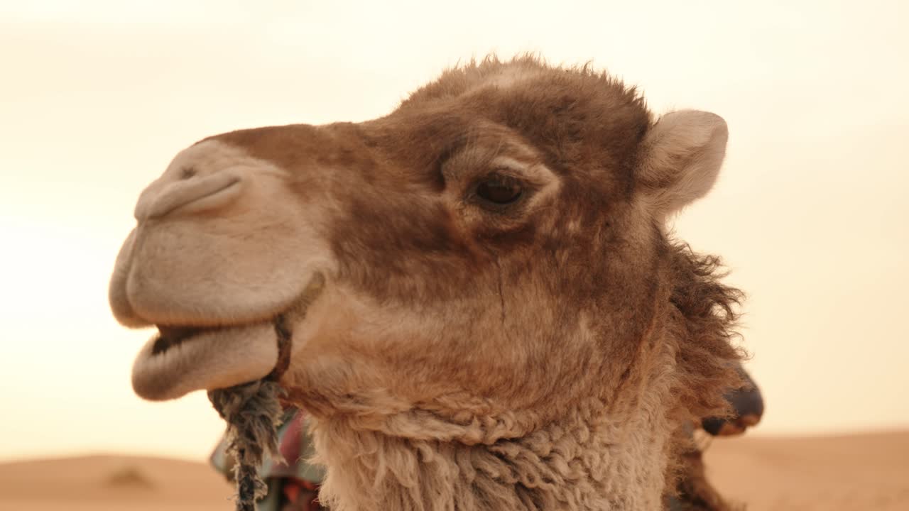 Detailed close-up of a dromedary (Camelus dromedarius) in the Sahara desert