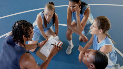basketball coach discussing game strategy with female team on court
