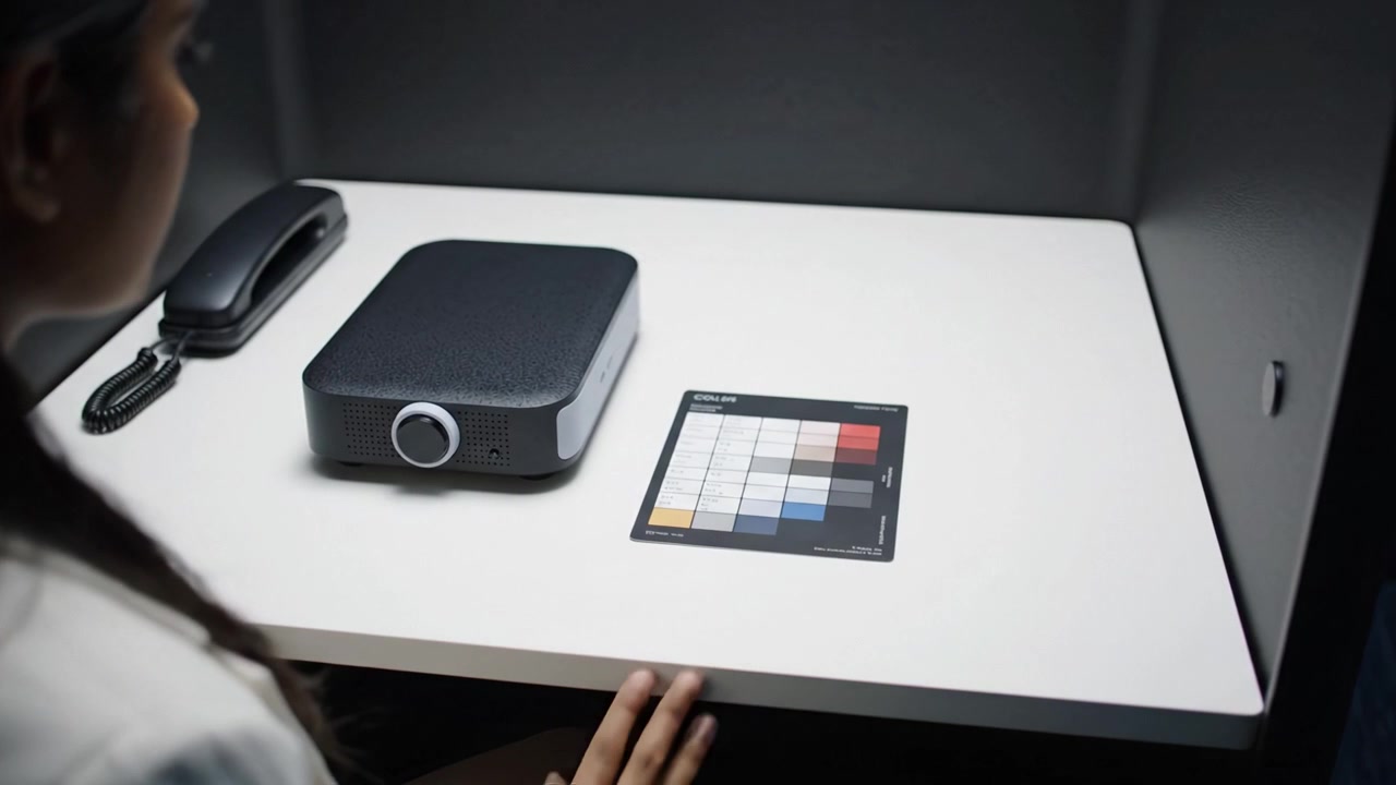 A person analyzing color samples beside a projector on a workstation, showcasing focus on color accuracy and technology integration in design processes.