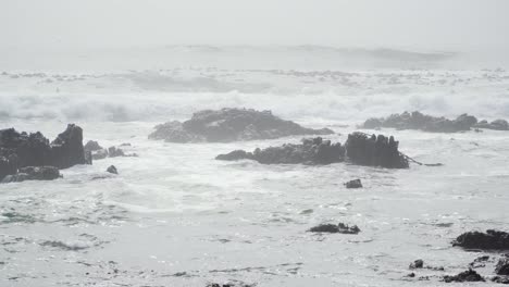 rocky shoreline on misty day with white waves crashing against rocks