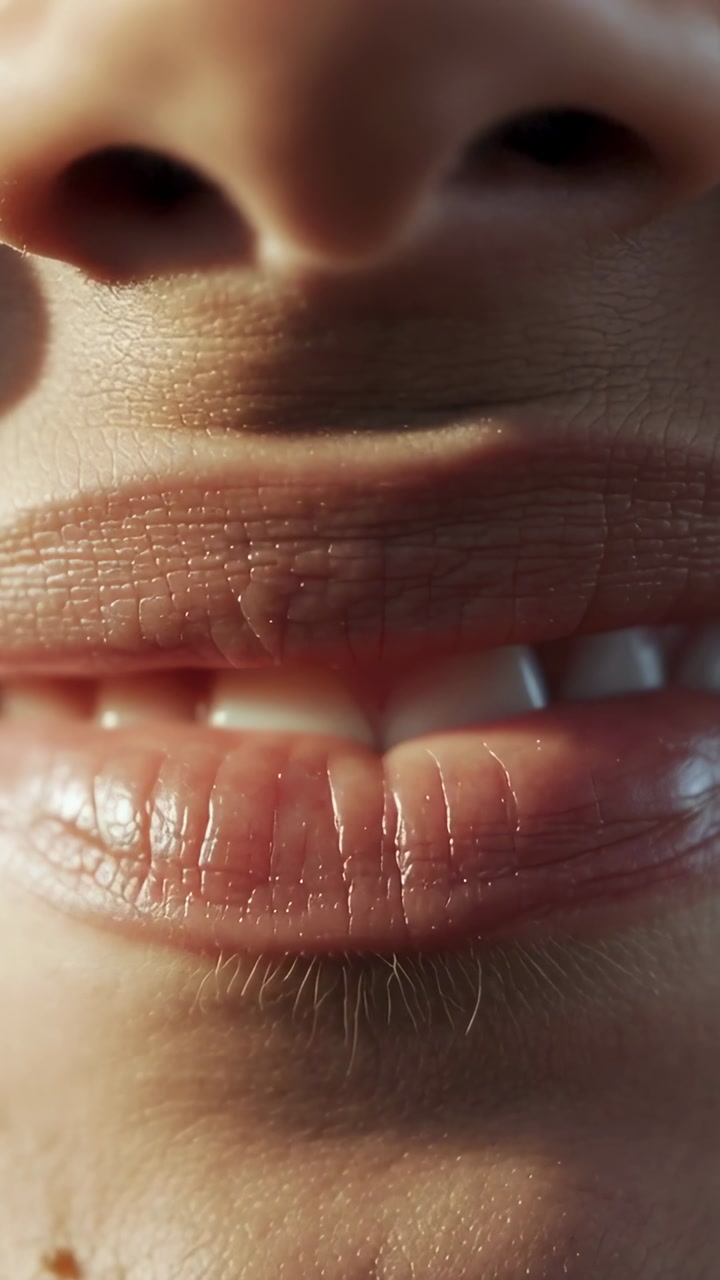 Vertical video: Cueing woman's mouth opening from closed to small smile in studio, showing teeth