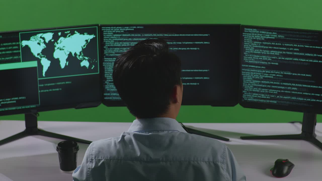 Back View Of Tired Asian Man Developer Yawning While Write Code With Multiple Computer Screens In Green Screen Studio