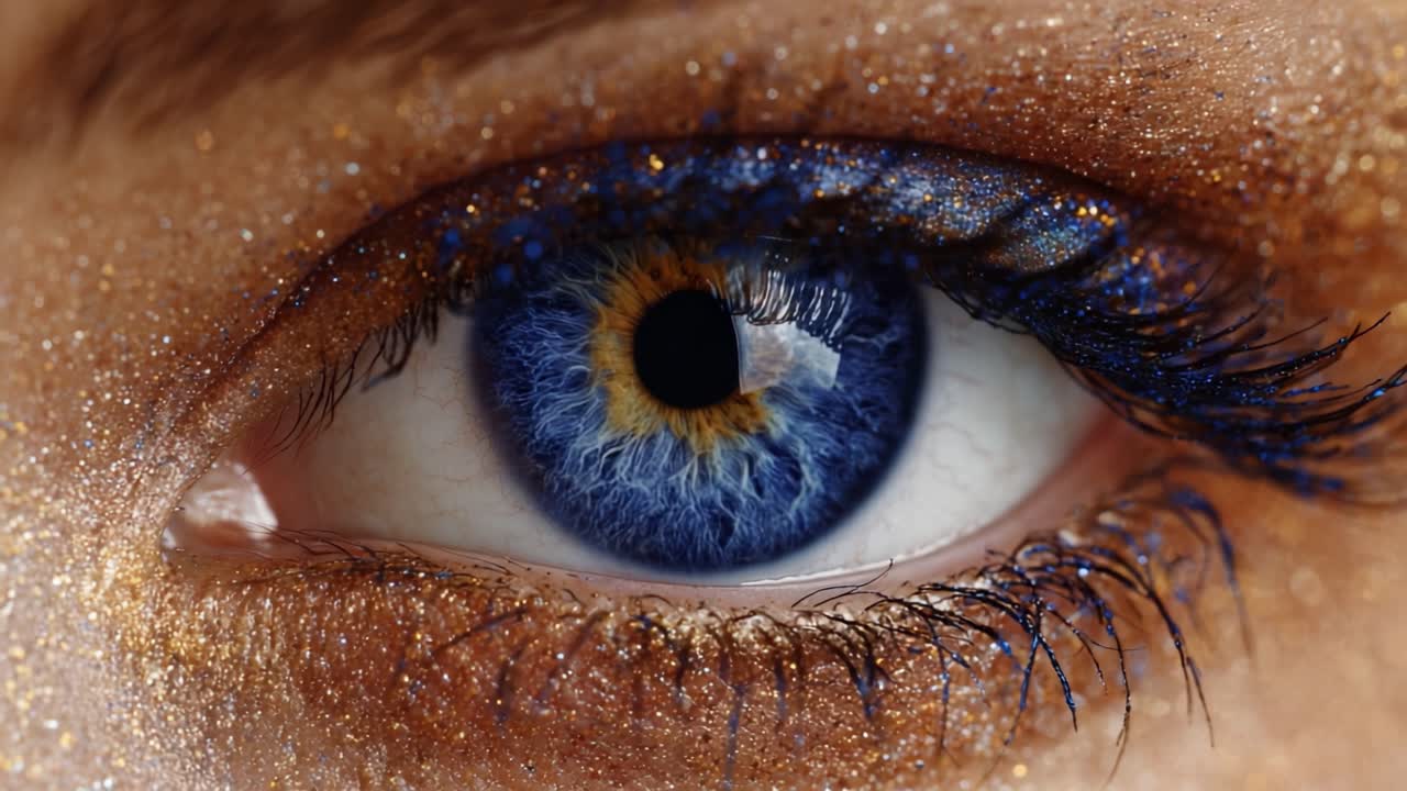 Eine fesselnde Nahaufnahme eines faszinierenden Auges mit einzigartigen Blau- und Goldtönen, umgeben von funkelnden Glitzer-Highlights und einer detaillierten Wimperntextur.