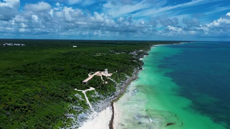 drone aerial landscape of tulum ruins lookout headland coastline ocean sandy beach stretch with rainforest quintana roo central america mexico travel tourism holidays