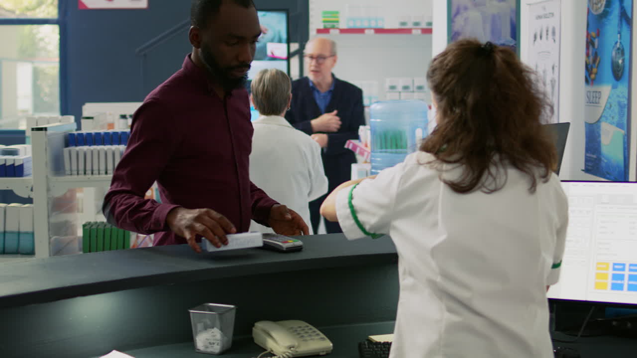 Pharmacy Scene with Customer and Pharmacists