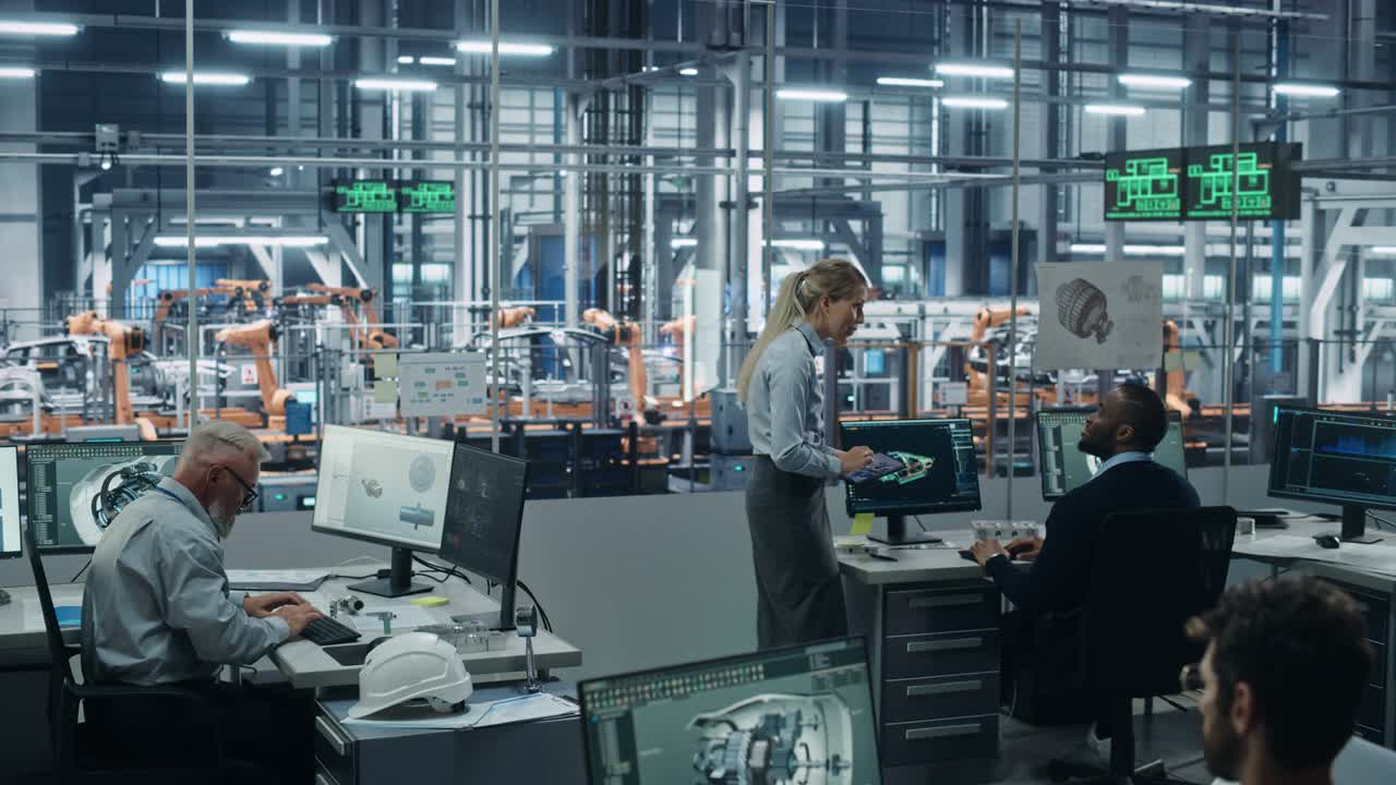 Car Factory: Team of Automotive Engineers Working, Using Computers to Design Advanced 3D Models for High-Tech Engines. Automated Robot Arm Industrial Assembly Line Manufacturing Electric Vehicles