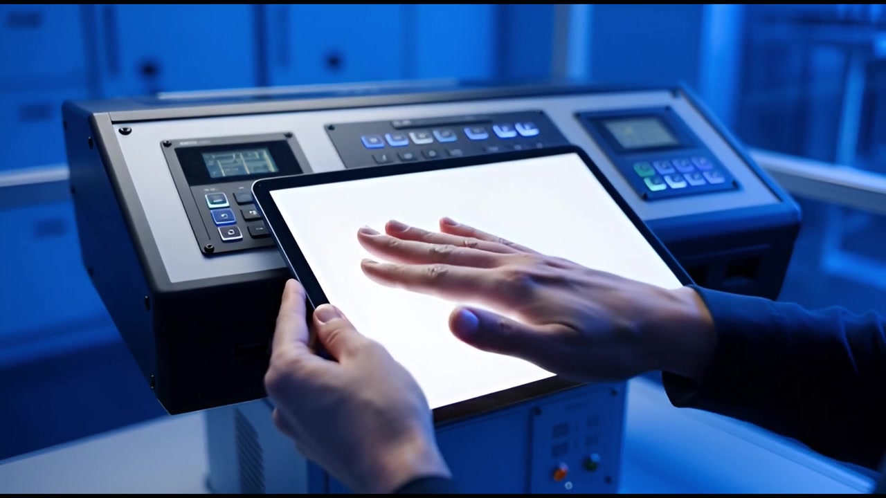 Hands Operating Control Panel and Holding Tablet with Blank White Screen