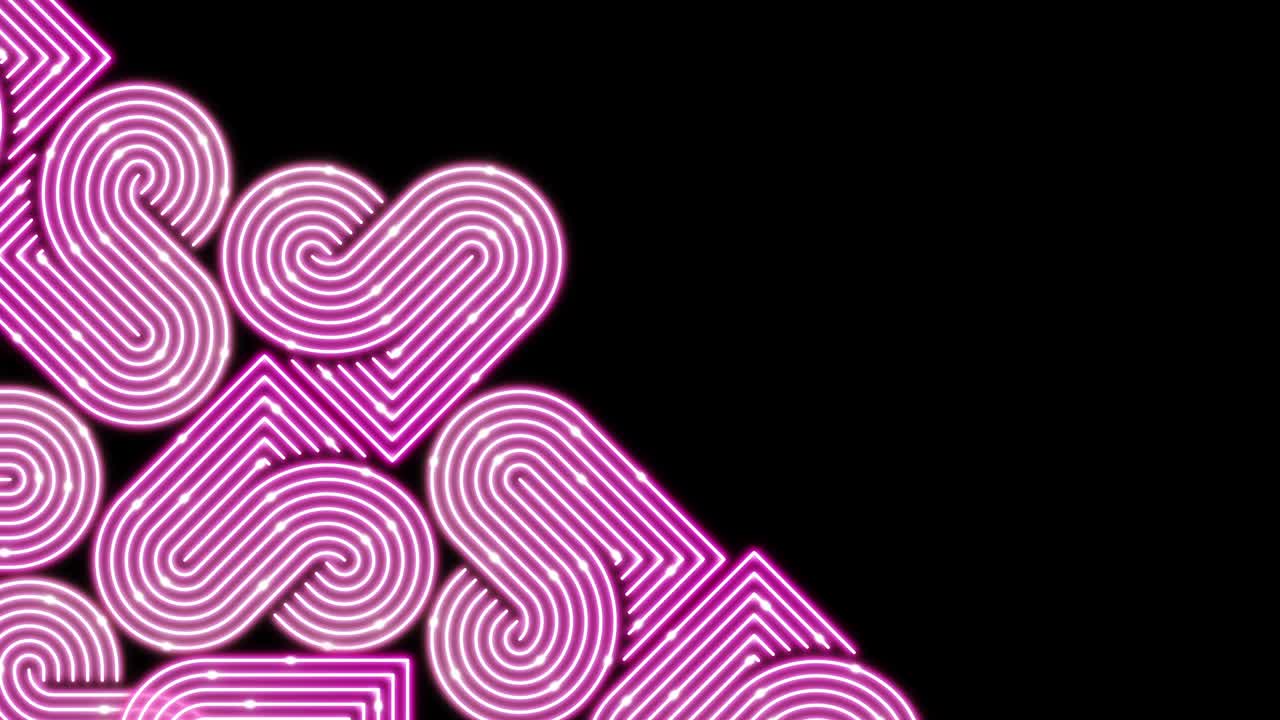 iluminación de línea de corazón patrón móvil color rosa, red de tecnología transferencia de datos digitales, diseño conceptual del día de san valentín, brillando sobre fondo negro animación de bucle sin costuras 4k con espacio de copia