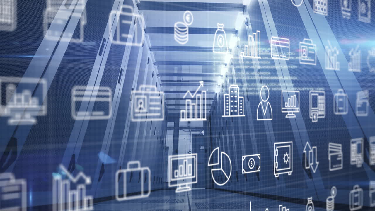 animación de iconos digitales y procesamiento de datos a través de servidores informáticos