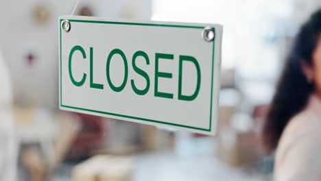 woman, closed sign and happy at boutique door