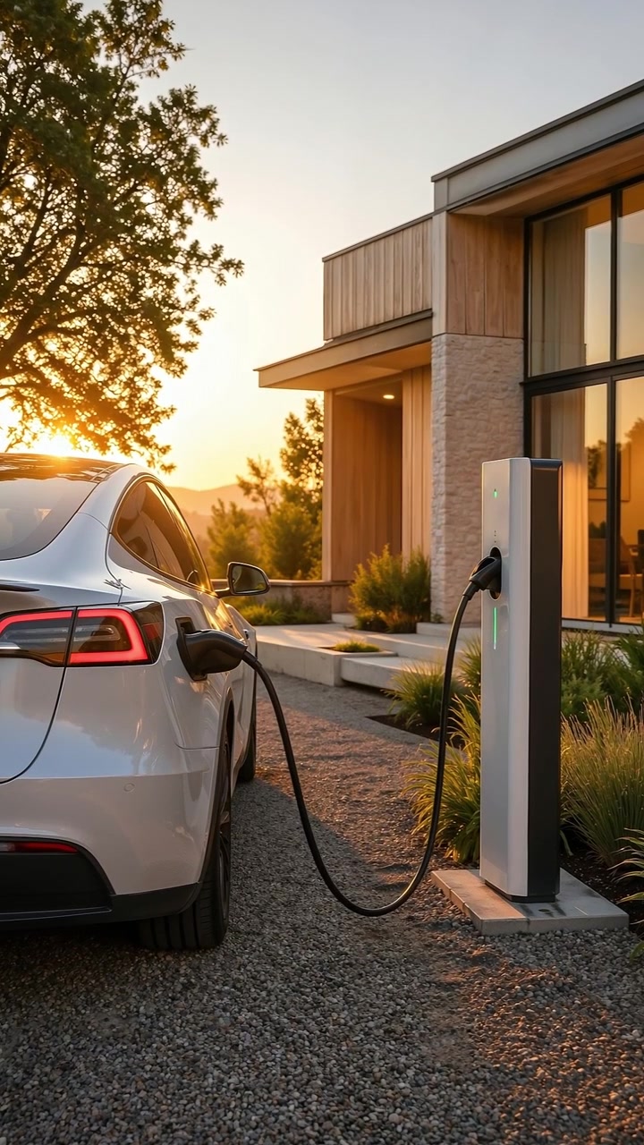 Banliyödeki bir garaj yolunda, altın gün batımı sırasında ev istasyonunda şarj olan elektrikli araç