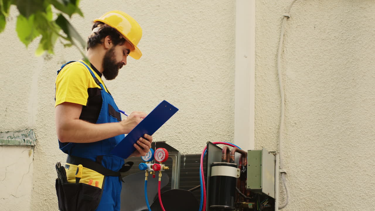técnico escribiendo los valores del condensador