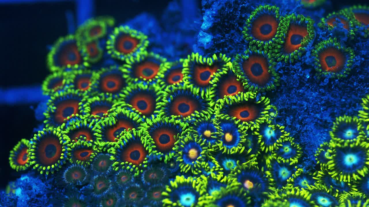 Colorful mix of green, red, blue, teal, and yellow Zoanthus polyps on a mix stone fully open in reef tank, macro shot.