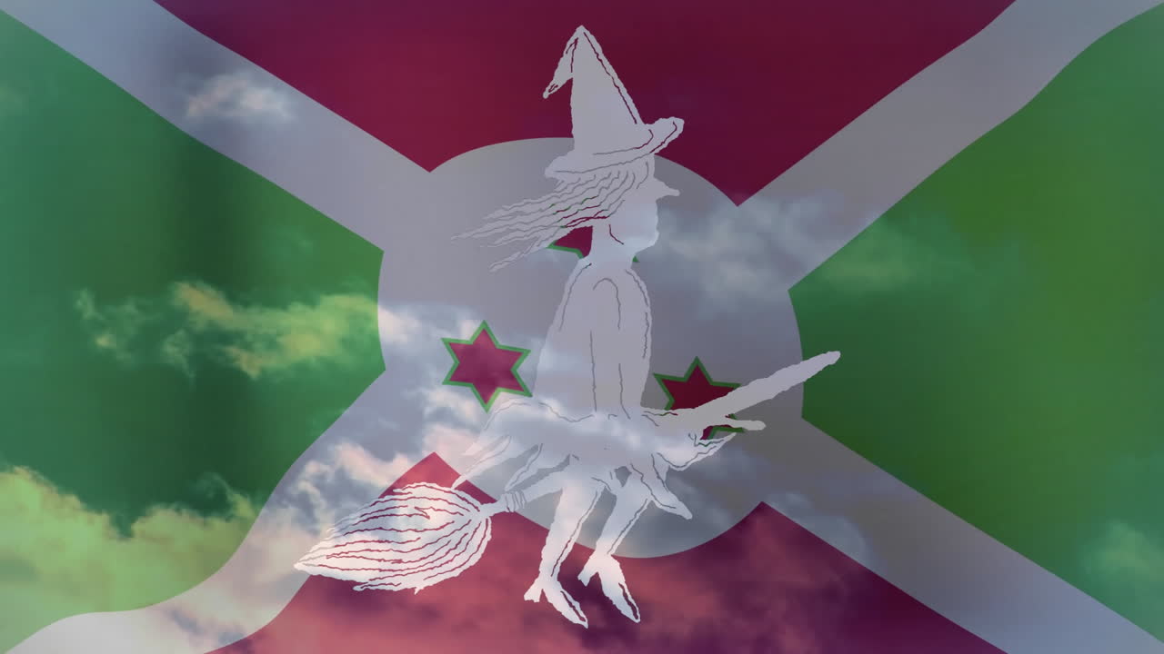 Flying on broomstick, witch silhouette over Burundi flag with cloudy sky animation