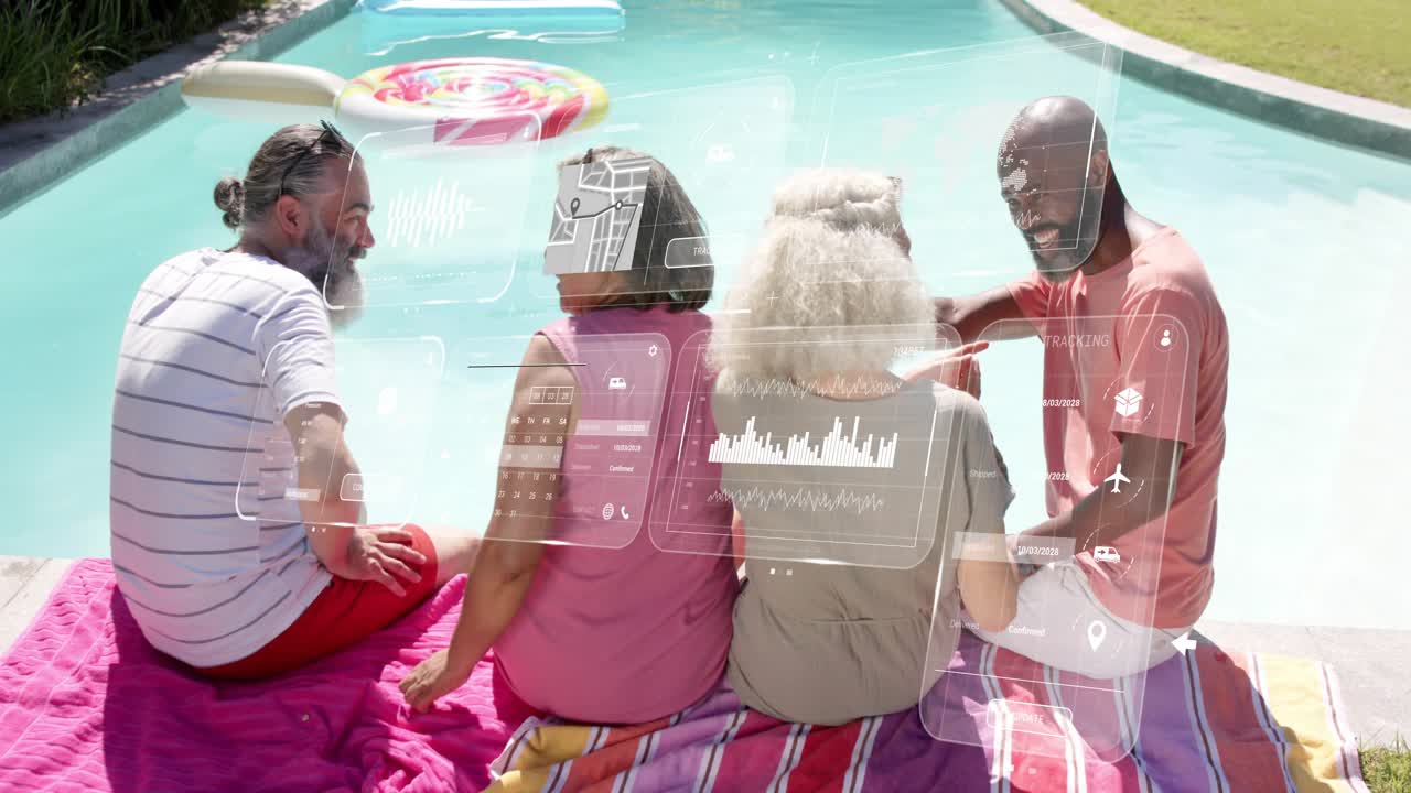 Bearded man leaning in, initiating tech graphs animating around poolside friends, explaining plan