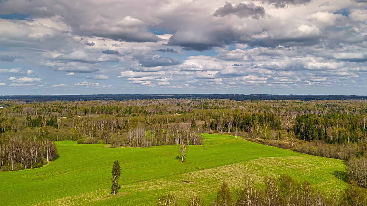 Green crops growing in farmland fields in a forested, rural landscape with clouds drifting across the sky - aerial cloudscape time lapse