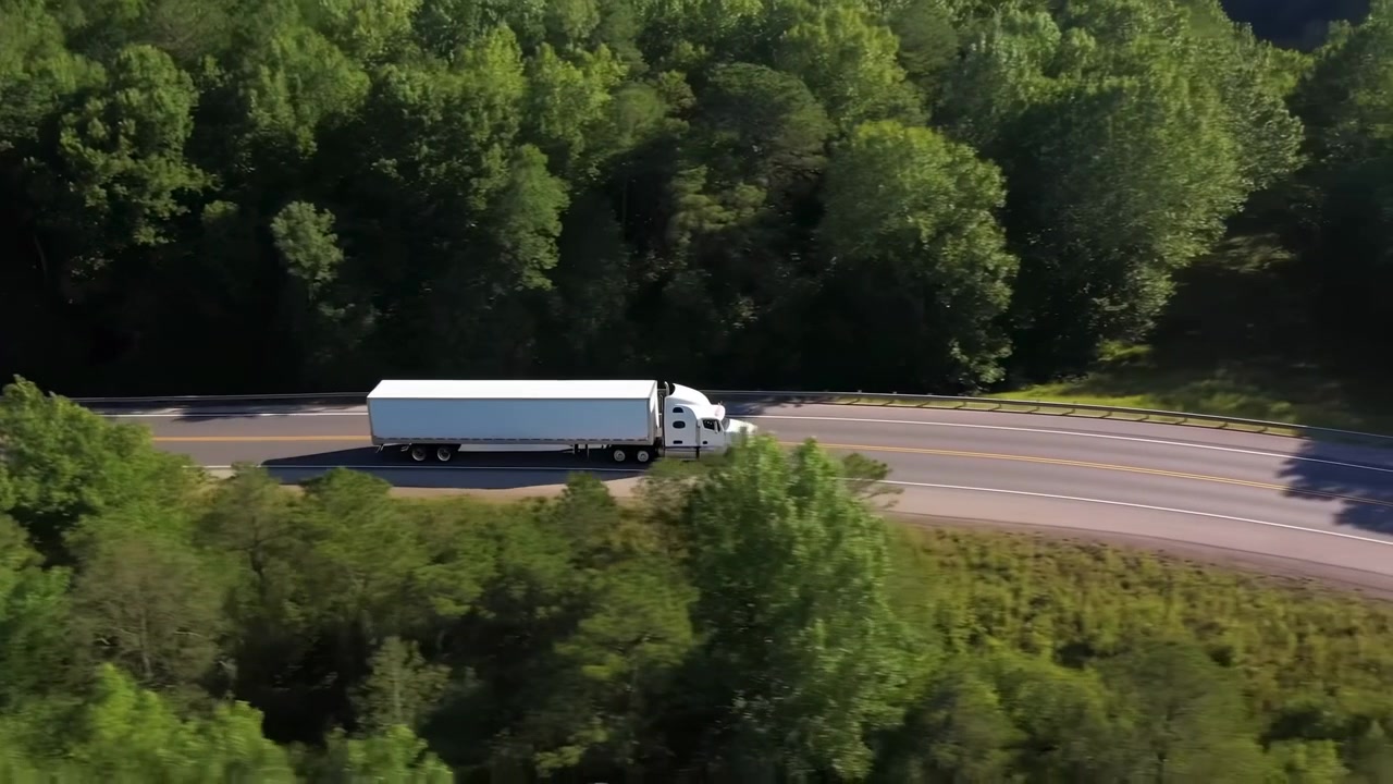 Un lungo camion da carico viaggia lungo una strada curva attraverso un ambiente boscoso con un movimento costante, una composizione dall'alto e una luminosa luce diurna che evidenzia i veicoli, il manto stradale e la vegetazione lussureggiante.