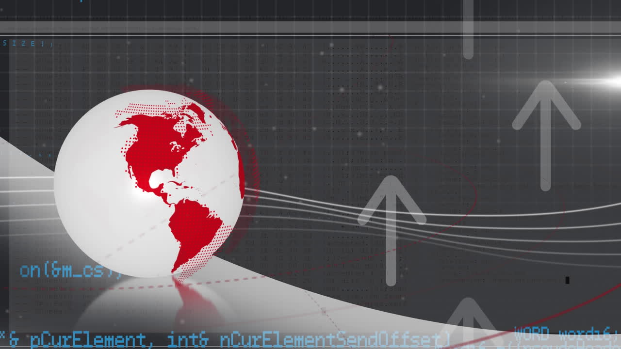 анимация интерфейса с глобусом, стрелками и движущейся информацией на черном фоне