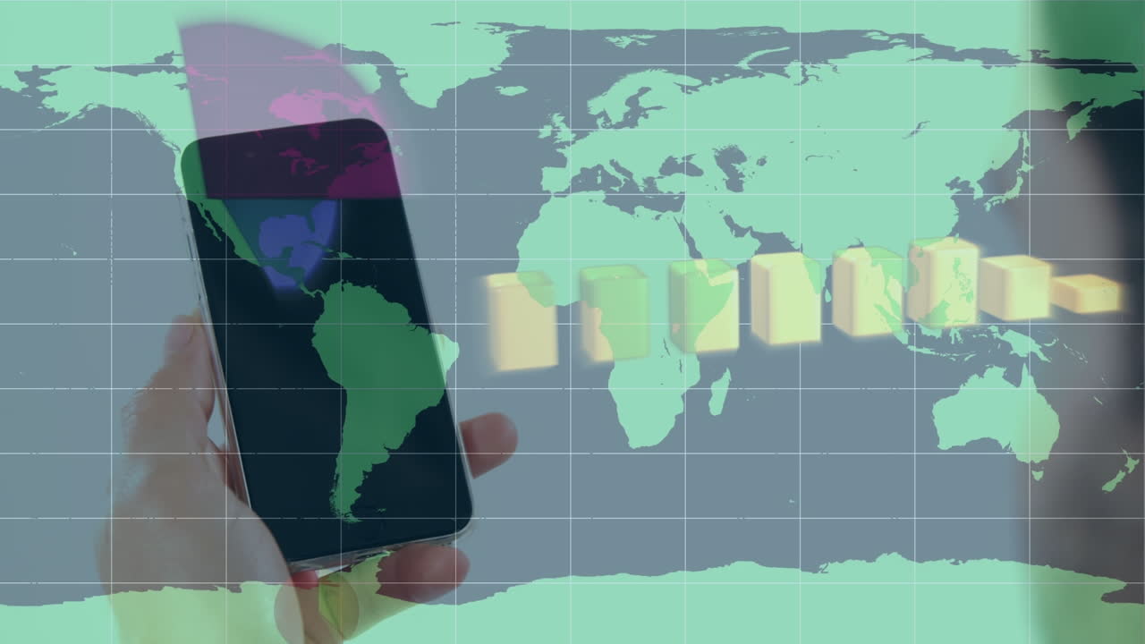 animación del procesamiento de datos estadísticos en primer plano de la mano utilizando un teléfono inteligente contra el mapa del mundo