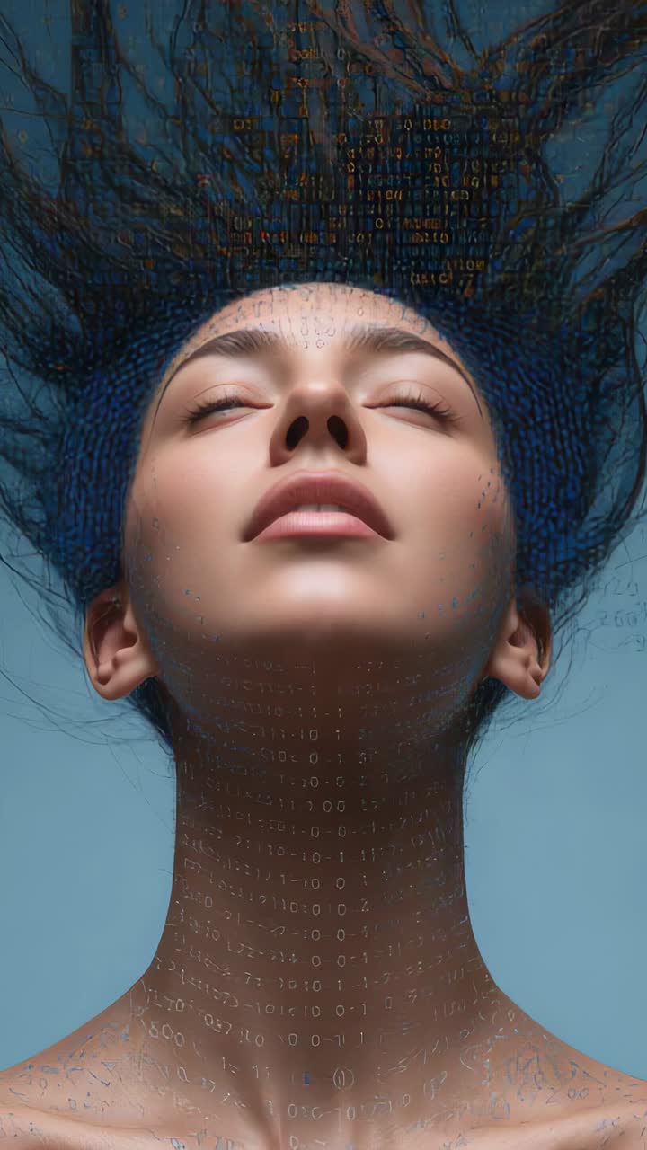 Vertical video: Tilting back woman in studio blue hair falling digits showing streaks appearing