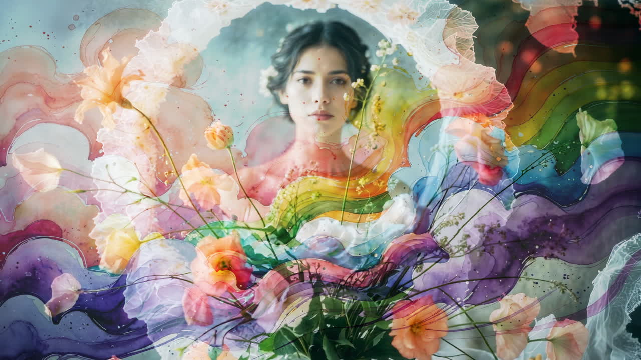 Dreamy Floral Portrait with Vibrant Watercolor Art