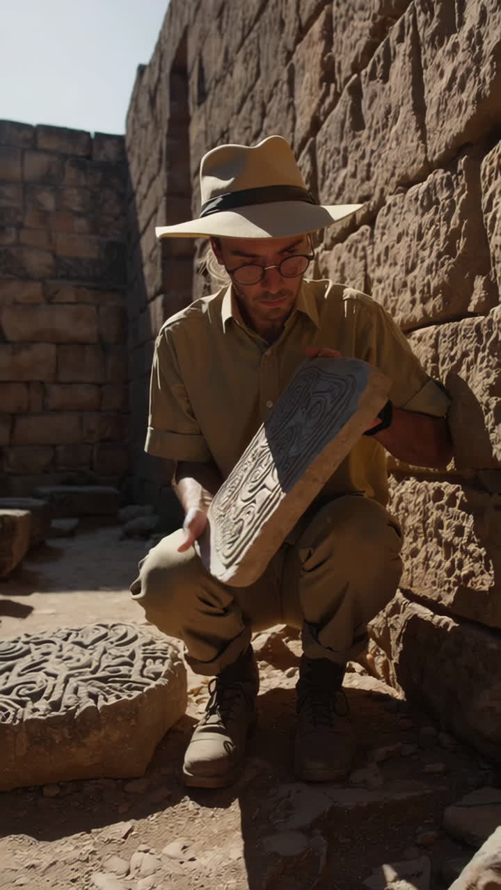 Archaeologist Examining Stone Tablet at Ancient Site