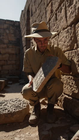 archaeologist examining stone tablet at ancient site