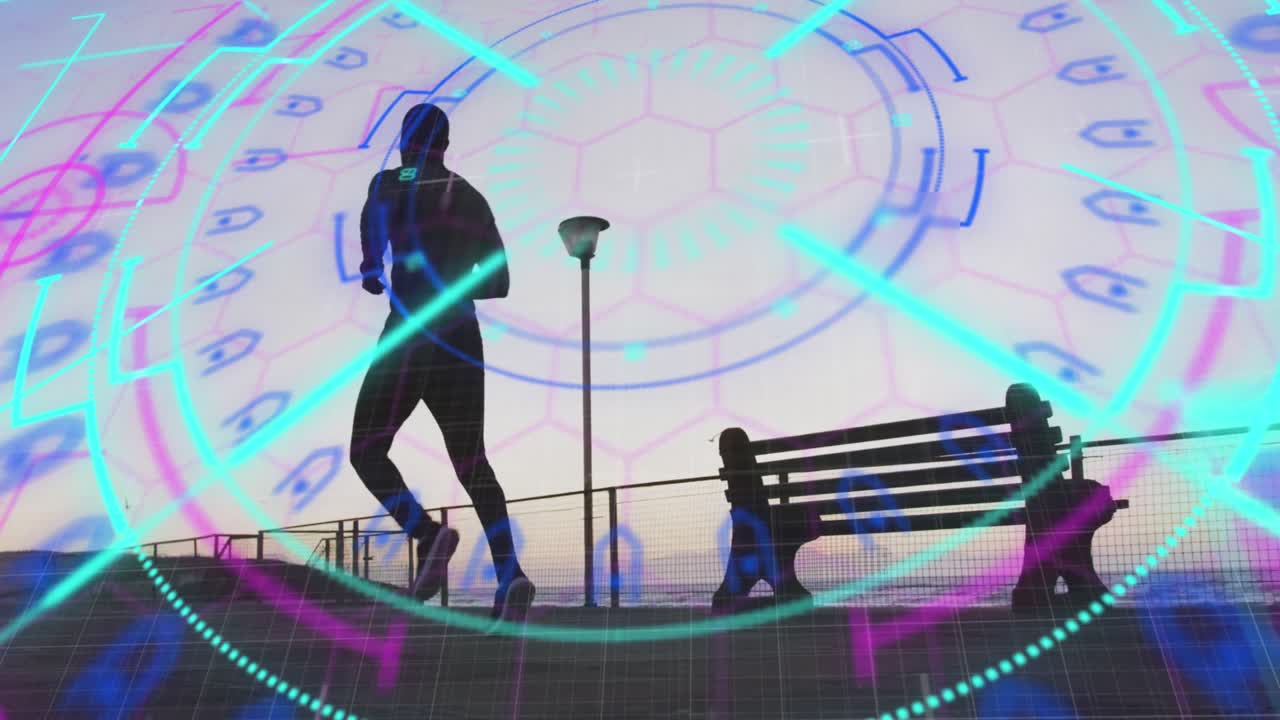 анимация цифрового интерфейса над бегущим афроамериканцем