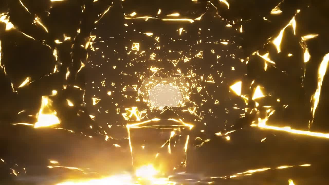 Rotierende goldene Scherben konvergieren, während die Kamera sich nähert, Fragmente bilden einen Ring, der einen Kern für Technik enthüllt.