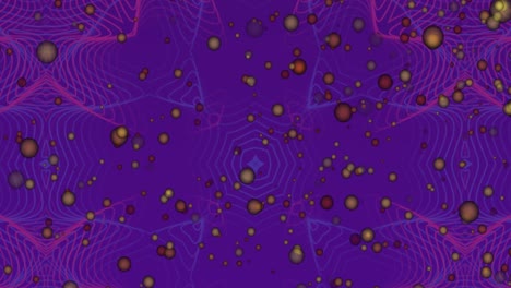 Animation-of-yellow-spots-of-light-over-kaleidoscopic-patterns-against-purple-background