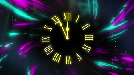 animation of clock showing midnight and light trails on black background