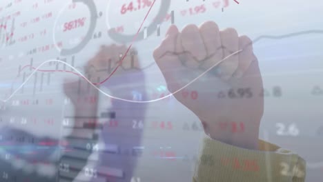 animation of data processing and stock market over diverse raising fists