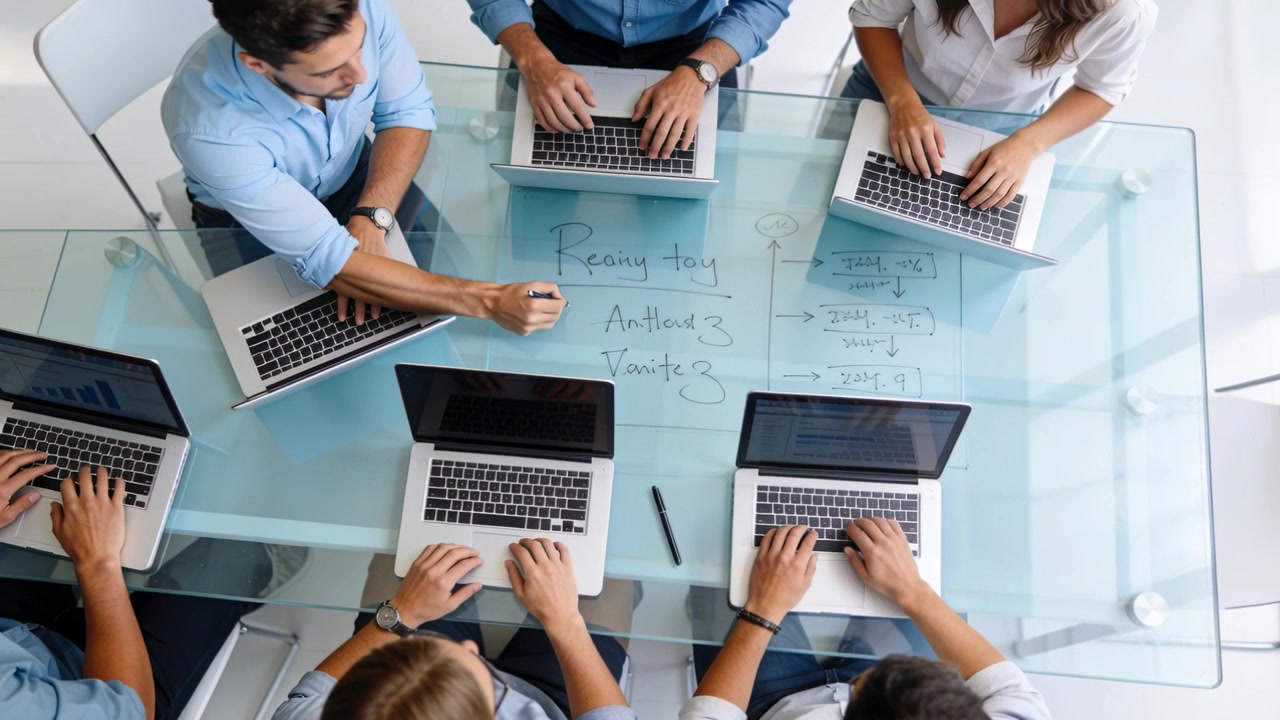 Pausing typing, man in shirt reaching for marker, annotating glass table in meeting room, laptops