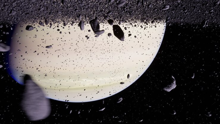 Stunning view of saturn surrounded by a dynamic asteroid field in space