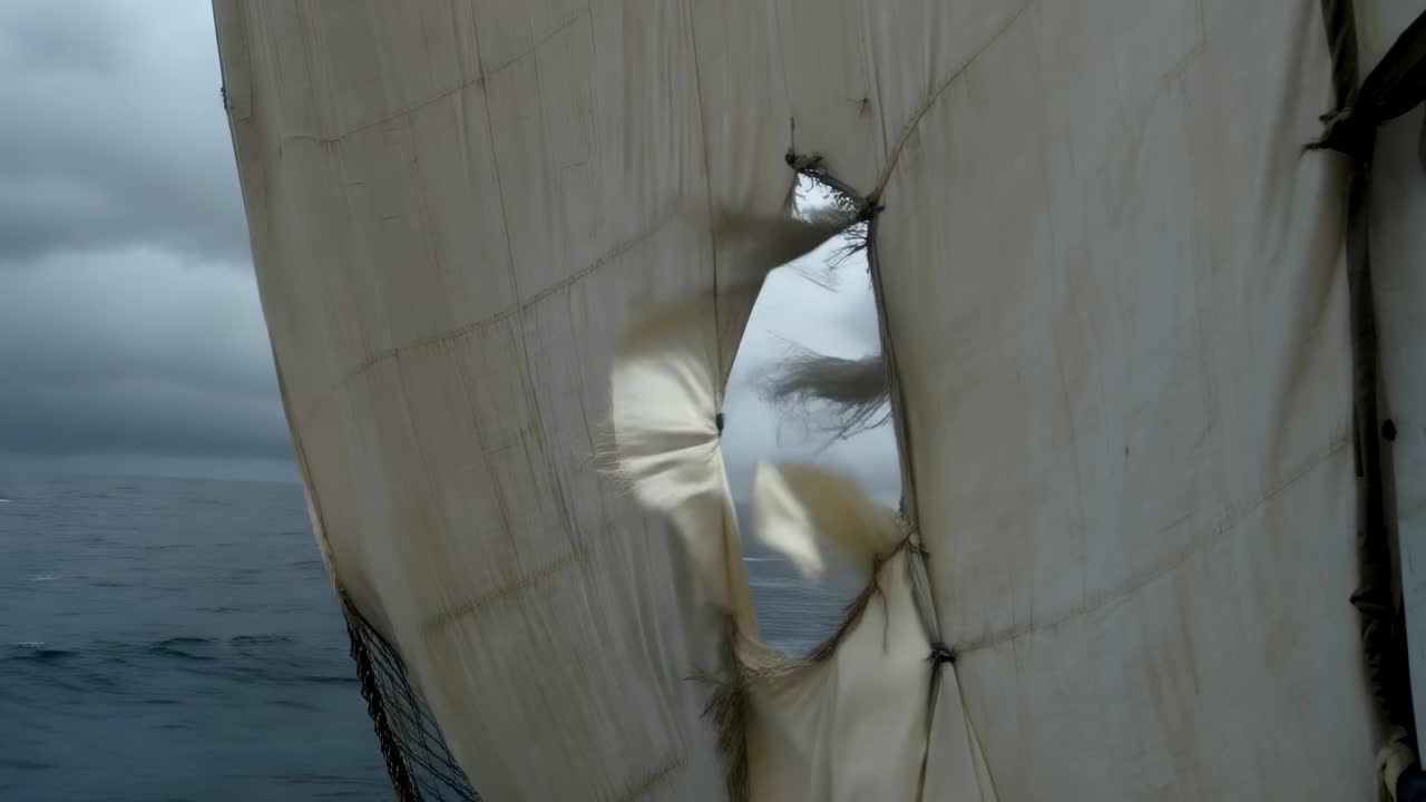 Sich aufblähendes, cremefarbenes Segeltuchsegel, das ein zerfetztes Loch offenbart, das sich durch den Wind über Meer und Mastverspannung weitet