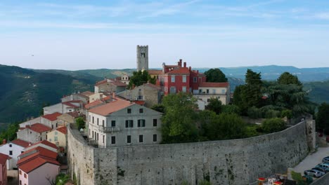 beautiful aerial view of idyllic hill town of motovun, istria region of croatia - drone shot