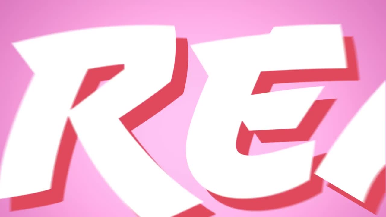 Animasi digital teks "get ready" di atas bentuk segitiga neon dalam gerakan tanpa henti dengan latar belakang merah muda.