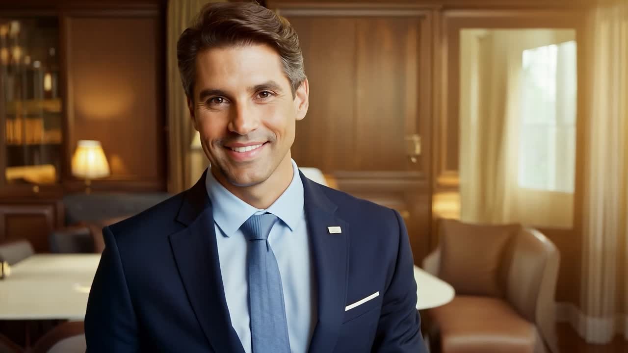 Un uomo sorridente in abito in piedi nella hall di un hotel