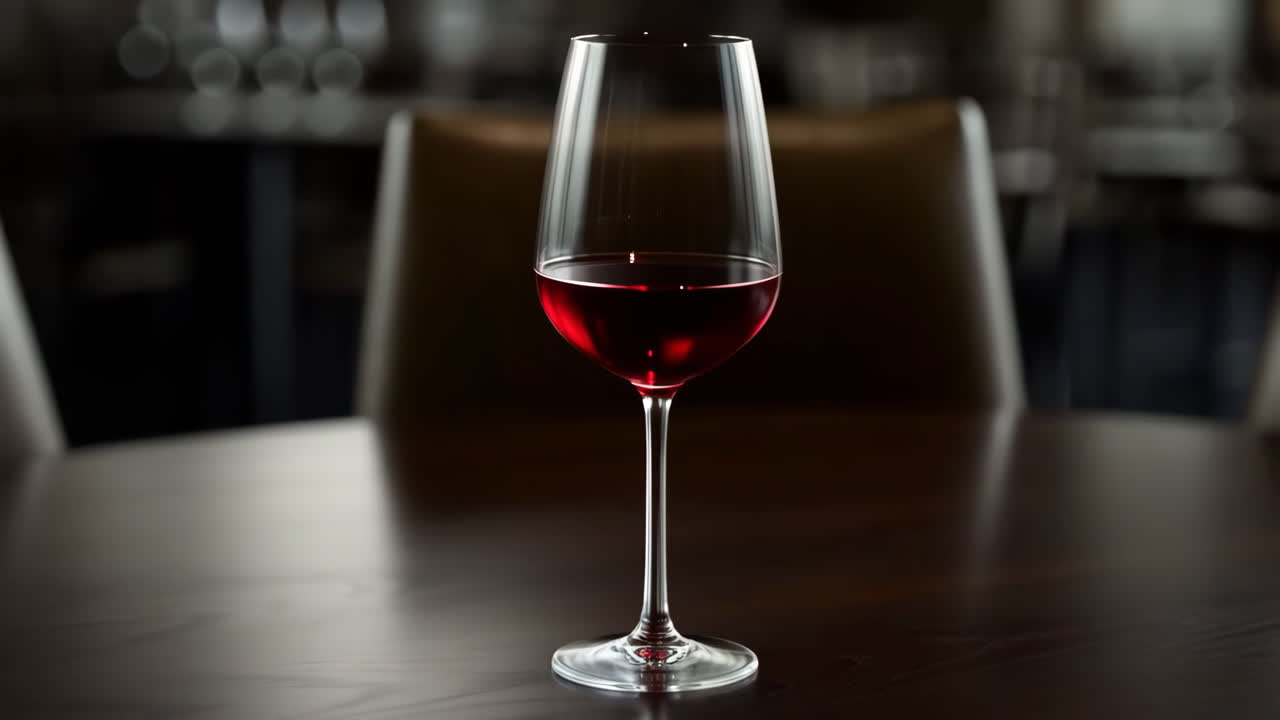 A single glass of red wine on a dark table in an elegant setting