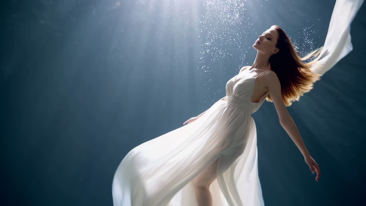 A woman in a flowing white dress gracefully floats underwater with light rays