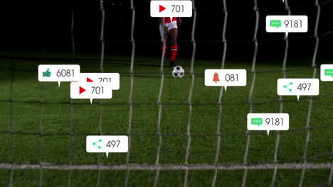 animación de múltiples barras de notificación sobre el jugador de fútbol afroamericano anotando goles
