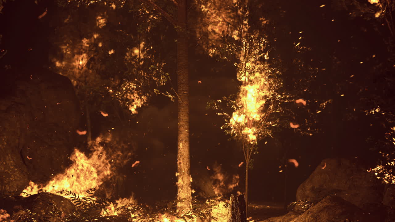 Wildfire engulfs forest threatening wildlife and habitat at dusk