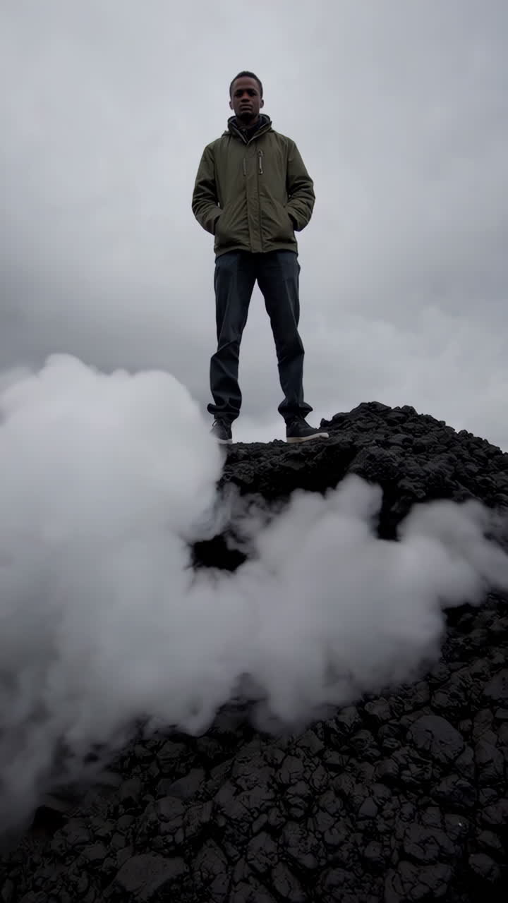 Man standing on a volcanic rock formation with steam